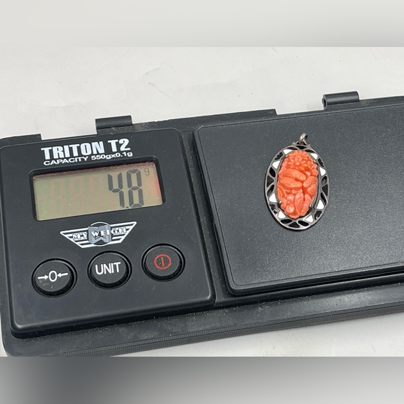 Antique Victorian Edwardian Carved Coral Sterling Silver Enamel Pendant Flowers - Picture 4 of 4